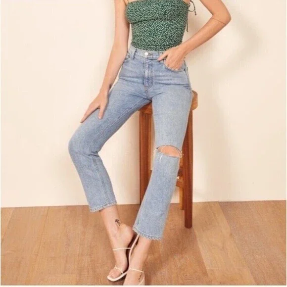 Reformation Liza High Rise Straight Cropped Jeans Montego Distressed Size 28 - Picture 3 of 10